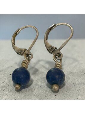 Sterling Silver Lapis Lazuli Beaded Dangle Earrings 1 Inch Leverback